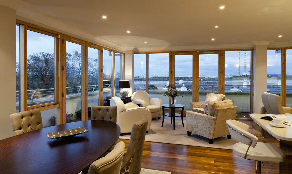 Bright living room with sea views in a Sandymount penthouse designed by RK Designs