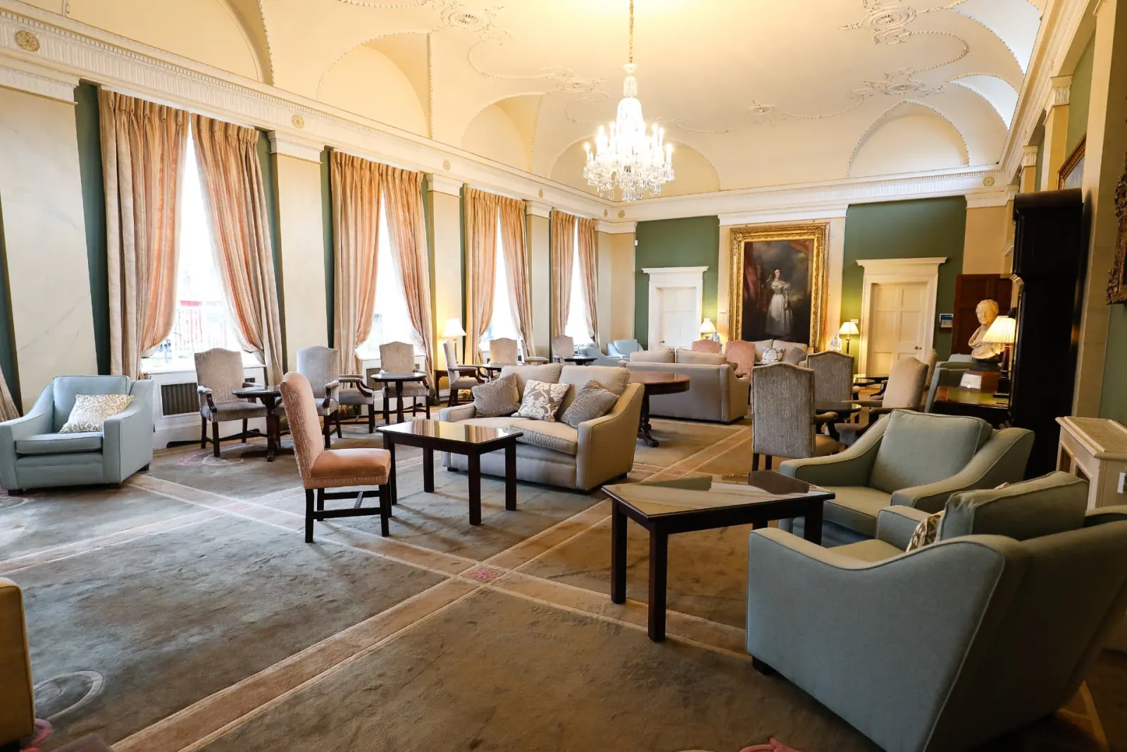 The Thomas Prior Room at the RDS, Ballsbridge, Dublin 4 — Georgian members' room with green walls, chandeliers and upholstered seating by RK Designs
